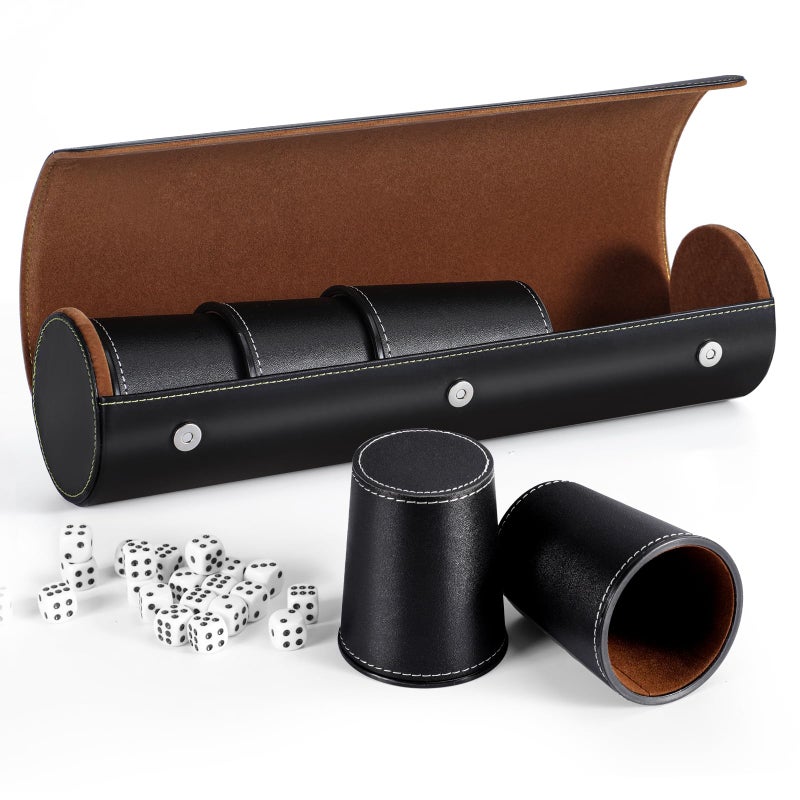 ImnBest Leather Dice Cup Set, 5 Black Leather Dice Cups + 25 Dice + Exclusive Storage and Transport Case Made of Faux Leather - Image 1