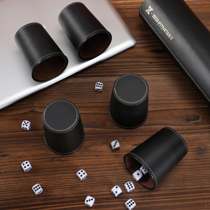 ImnBest Leather Dice Cup Set, 5 Black Leather Dice Cups + 25 Dice + Exclusive Storage and Transport Case Made of Faux Leather - Image 2