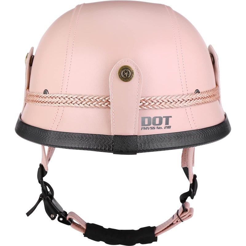 Yesmotor Motorcycle Half Helmet Retro German Handmade Leather Half Face Quick Release Buckle & Goggles - DOT Approved (Pink, XXL) - Image 3