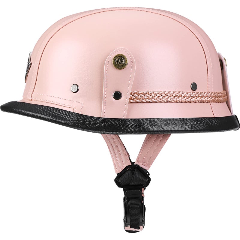 Yesmotor Motorcycle Half Helmet Retro German Handmade Leather Half Face Quick Release Buckle & Goggles - DOT Approved (Pink, XXL) - Image 2
