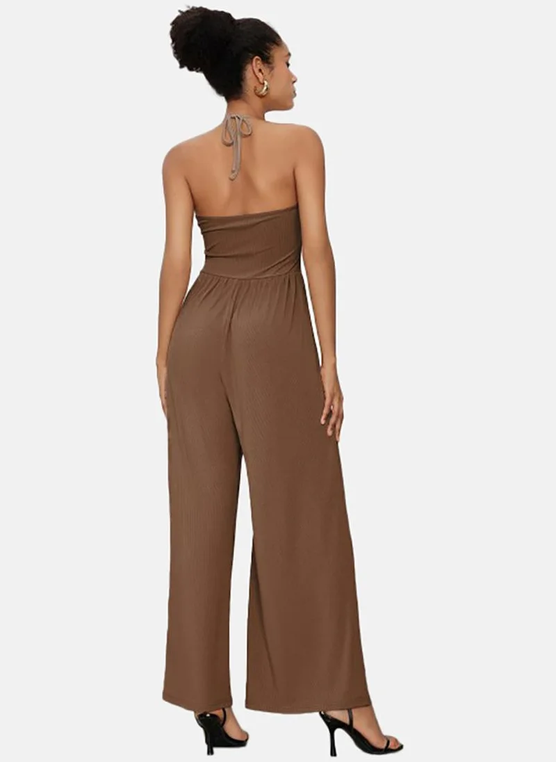 YUNIQEE Brown Solid Slim Fit Round Neck Jumpsuit