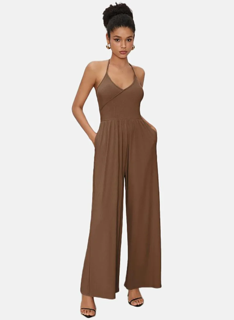 YUNIQEE Brown Solid Slim Fit Round Neck Jumpsuit