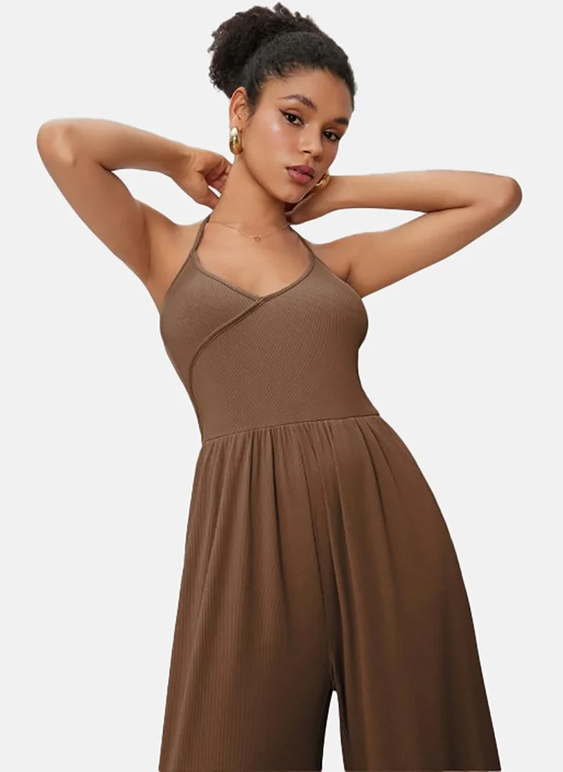 YUNIQEE Brown Solid Slim Fit Round Neck Jumpsuit