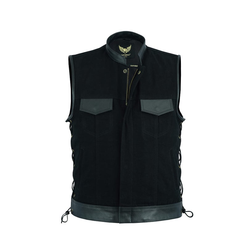 Leatherick Mens Side Lace Black Denim Vest with Leather Trims for Motorcycle Bikers S