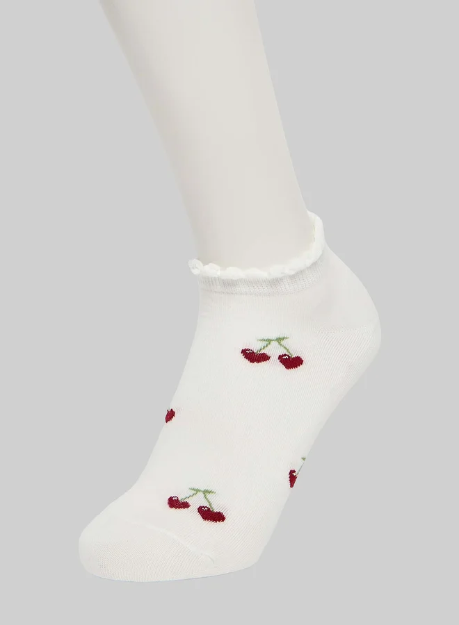 Styli Girls White Cherry Embroidered Crew Socks