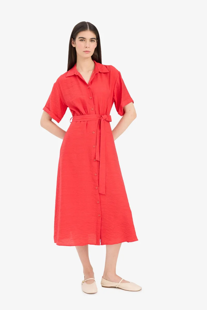 ديفاكتو Shirt Collar Belted Short Sleeve Red Midi Dress