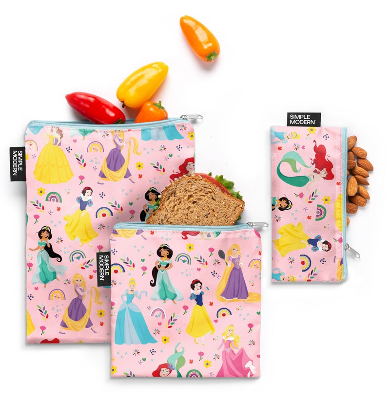 Simple Modern Disney Reusable Snack Bags for Kids | Food Safe, BPA Free, Phthalate Free, Polyester Zip Pouches | Washable & Refillable Sandwich Bag | Ellie Collection | 3 pack | Princess Rainbow - Image 1