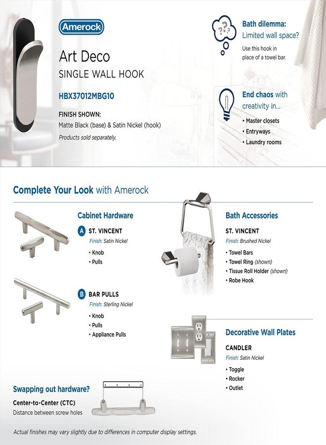 Amerock HBX37012MBG10 | Unison Single Prong Decorative Wall Hook | Matte Black/Satin Nickel Hook for Coats, Hats, Backpacks, Bags | Hooks for Bathroom, Bedroom, Closet, Entryway, Laundry Room - Image 5