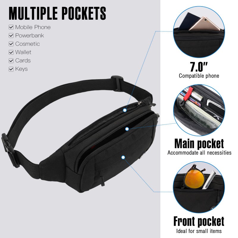 WATERFLY Fanny Pack Waist Bag: Small Hip Pouch Bum Bag Fannie Pack Phanny Fannypack Waistpack Bumbag Beltbag Sport Slim Fashionable for Jogging Hiking Hiker Woman Man Pure black