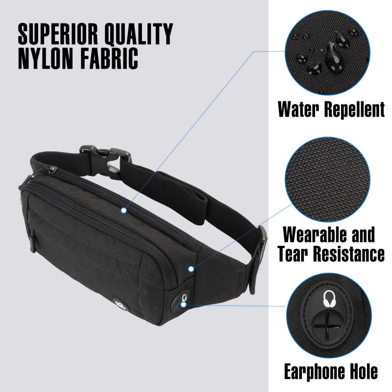 WATERFLY Fanny Pack Waist Bag: Small Hip Pouch Bum Bag Fannie Pack Phanny Fannypack Waistpack Bumbag Beltbag Sport Slim Fashionable for Jogging Hiking Hiker Woman Man Pure black