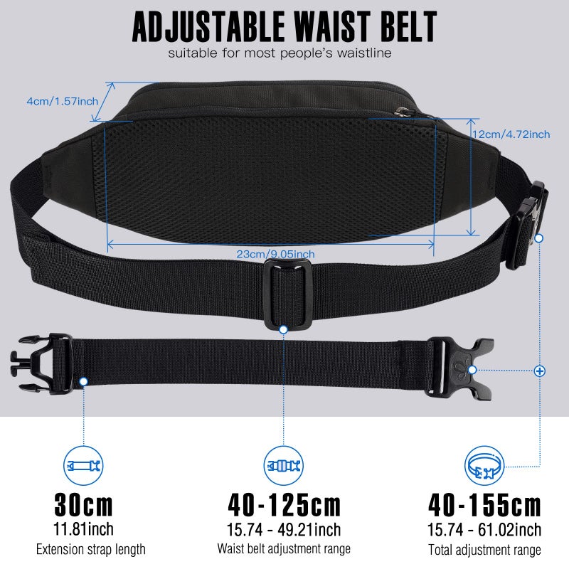 WATERFLY Fanny Pack Waist Bag: Small Hip Pouch Bum Bag Fannie Pack Phanny Fannypack Waistpack Bumbag Beltbag Sport Slim Fashionable for Jogging Hiking Hiker Woman Man Pure black
