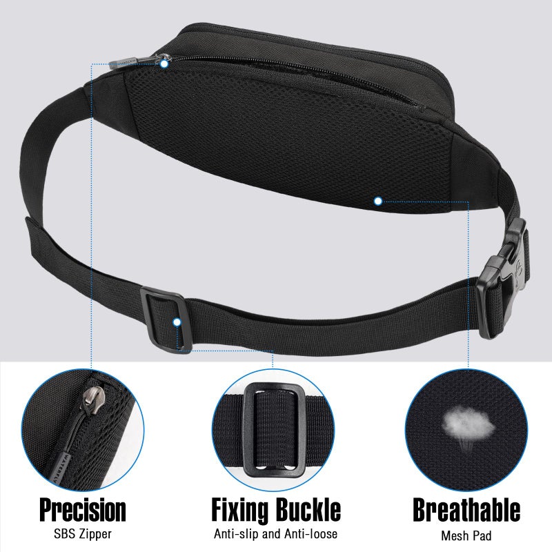 WATERFLY Fanny Pack Waist Bag: Small Hip Pouch Bum Bag Fannie Pack Phanny Fannypack Waistpack Bumbag Beltbag Sport Slim Fashionable for Jogging Hiking Hiker Woman Man Pure black