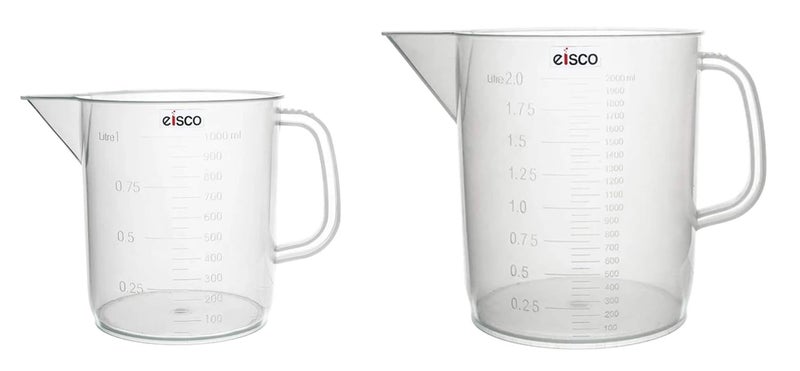 EISCO 2pcs Plastic Pitcher Set, 1000mL & 2000mL (1L & 2L) - Short Form, Euro Design - Molded Graduations - Chemical Resistant & Autoclavable Polypropylene - Measuring Jug - Image 1