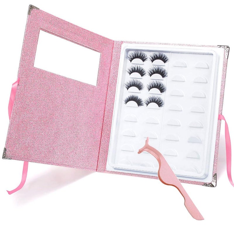 كتاب تخزين الرموش الصناعية YiQiYi محمول 16 زوج من حوامل الرموش علبة تخزين الرموش غلاف لامع علبة فارغة مع ملقط للرموش وردي