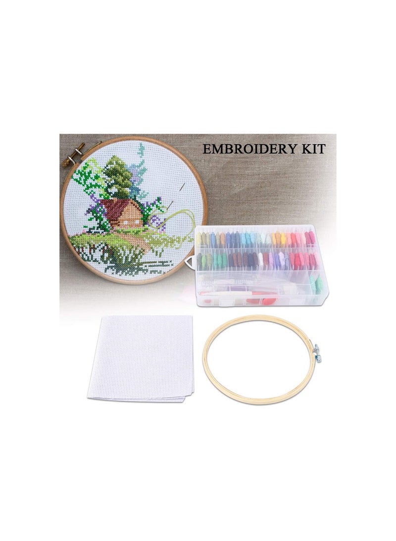 GGOOT Full Range of Embroidery Starter Kit DIY Cross Stitch Tool Kit Bamboo Hoop Embroidery Cloth Needles 50 Colors Wires Set with Storage Case  - Image 4