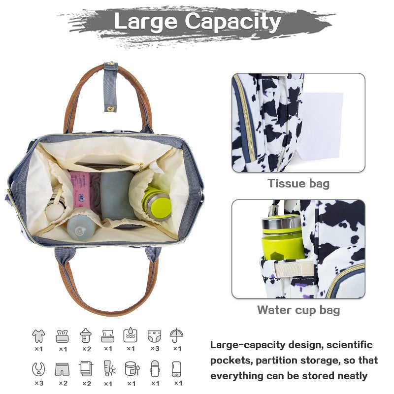 LIMHOO Diaper Bag Backpack, Waterproof Baby Care Bag, Women Travel Baby Nappy Changing Bag (Cow) - Image 5