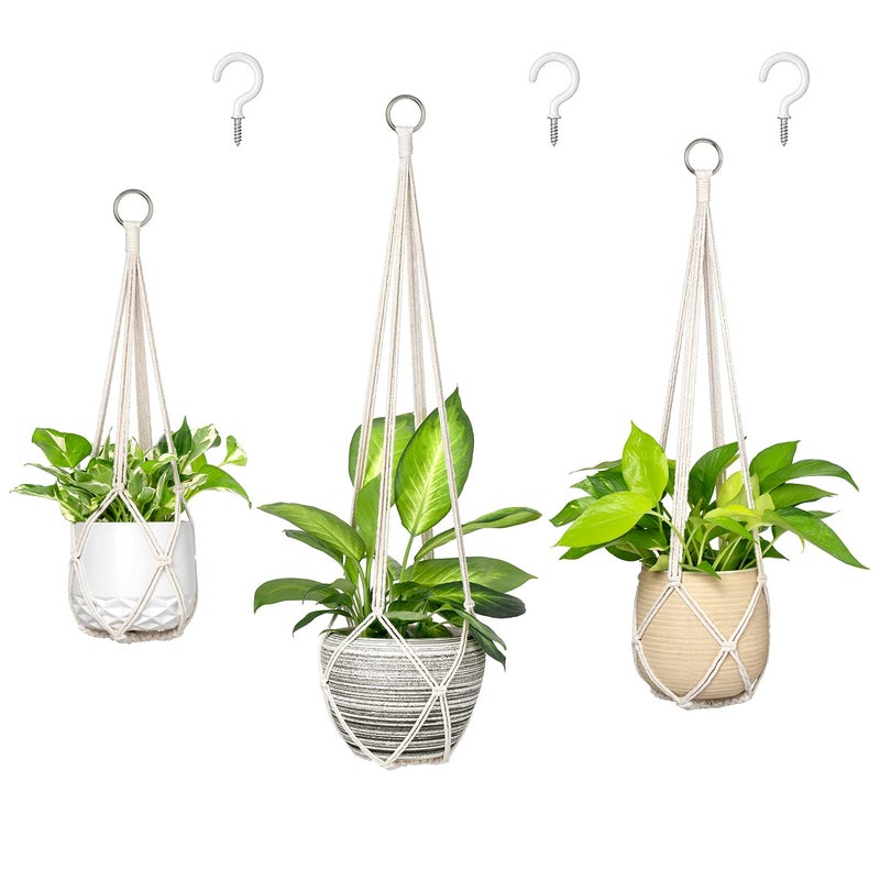 Dahey Macrame Plant Hanger Set of 3 with Hooks Indoor Hanging Planter Basket 352923 Handmade Woven Cotton Rope Flower Pot Crochet Plant Holder Stand for Boho Home Decor No TasselsBeige
