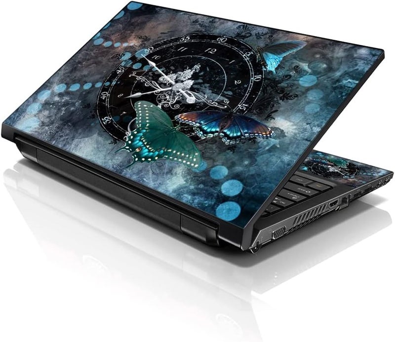 إل أس أس ملصق جلد لابتوب فني 15 15.6 بوصة يناسب 13.3 و14 و15.6 و16 بوصة من HP وDell وLenovo وApple وAsus وAcer وCompaq (مع وسادتين مجانيتين للمعصم) - ساعة وفراشة وزمن - Image 1