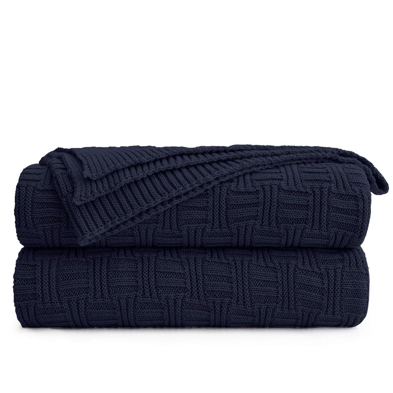 Large 100 Cotton Navy Blue Cable Knit Throw Blanket for Couch Sofa Bed with Bonus Laundering Bag  60 x 80 Inches 34 LB Dark Navy Machine Washable