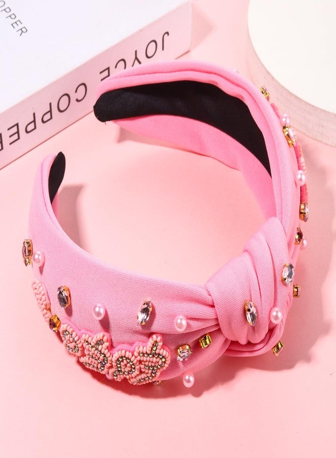PHALIN Women's Beaded Embellished Headband with Rhinestone and Pearls - Wide Top Knot Holiday Hair Accessory Gift (Pink) - Image 4