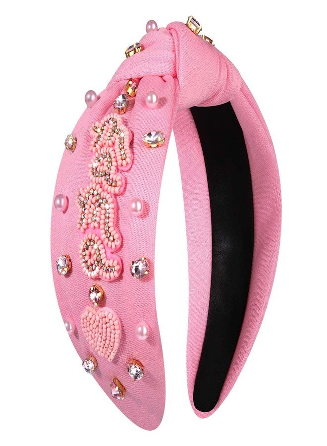 PHALIN Women's Beaded Embellished Headband with Rhinestone and Pearls - Wide Top Knot Holiday Hair Accessory Gift (Pink) - Image 1