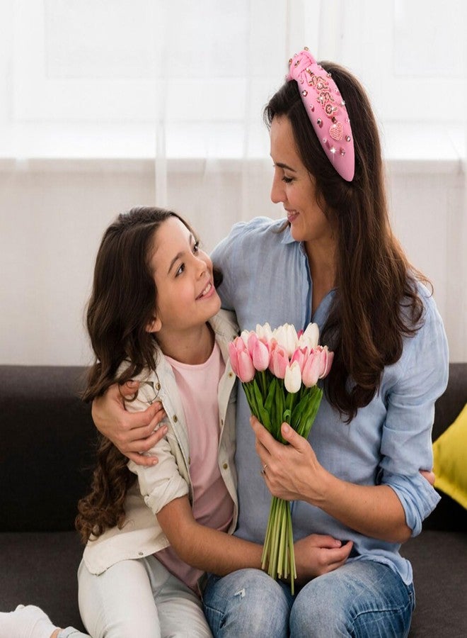 PHALIN Women's Beaded Embellished Headband with Rhinestone and Pearls - Wide Top Knot Holiday Hair Accessory Gift (Pink) - Image 2