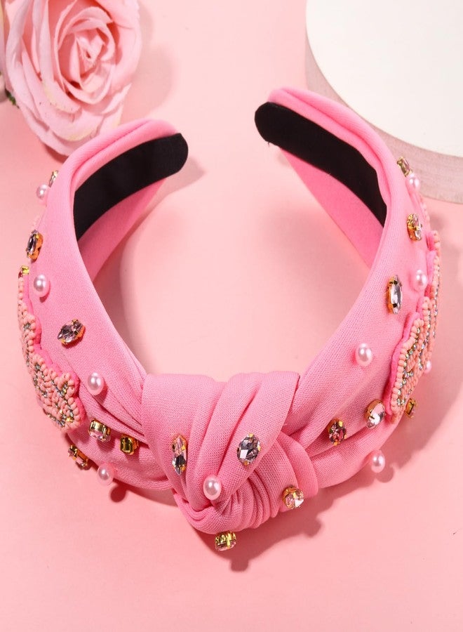 PHALIN Women's Beaded Embellished Headband with Rhinestone and Pearls - Wide Top Knot Holiday Hair Accessory Gift (Pink) - Image 5