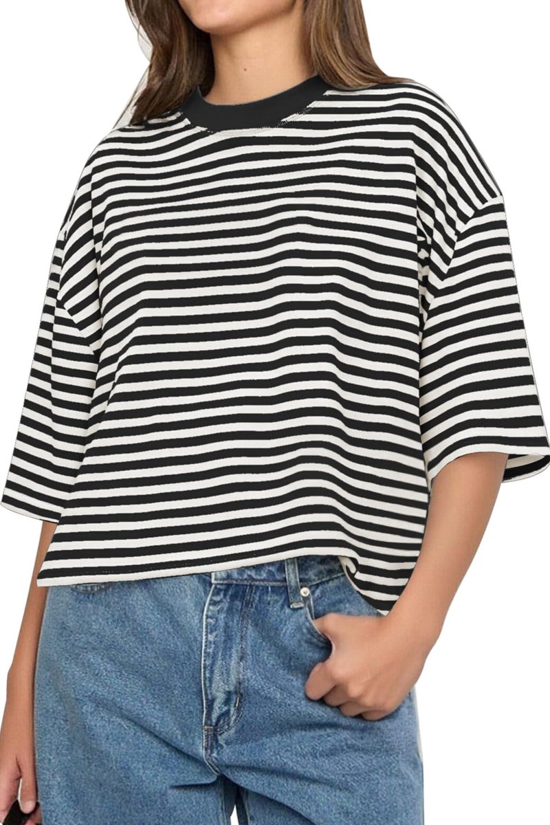 CHYRII Womens Oversized Striped T Shirts Short Sleeve Crewneck Casual Loose Fit Summer Outfits Y2K Tops (Black L) - Image 1