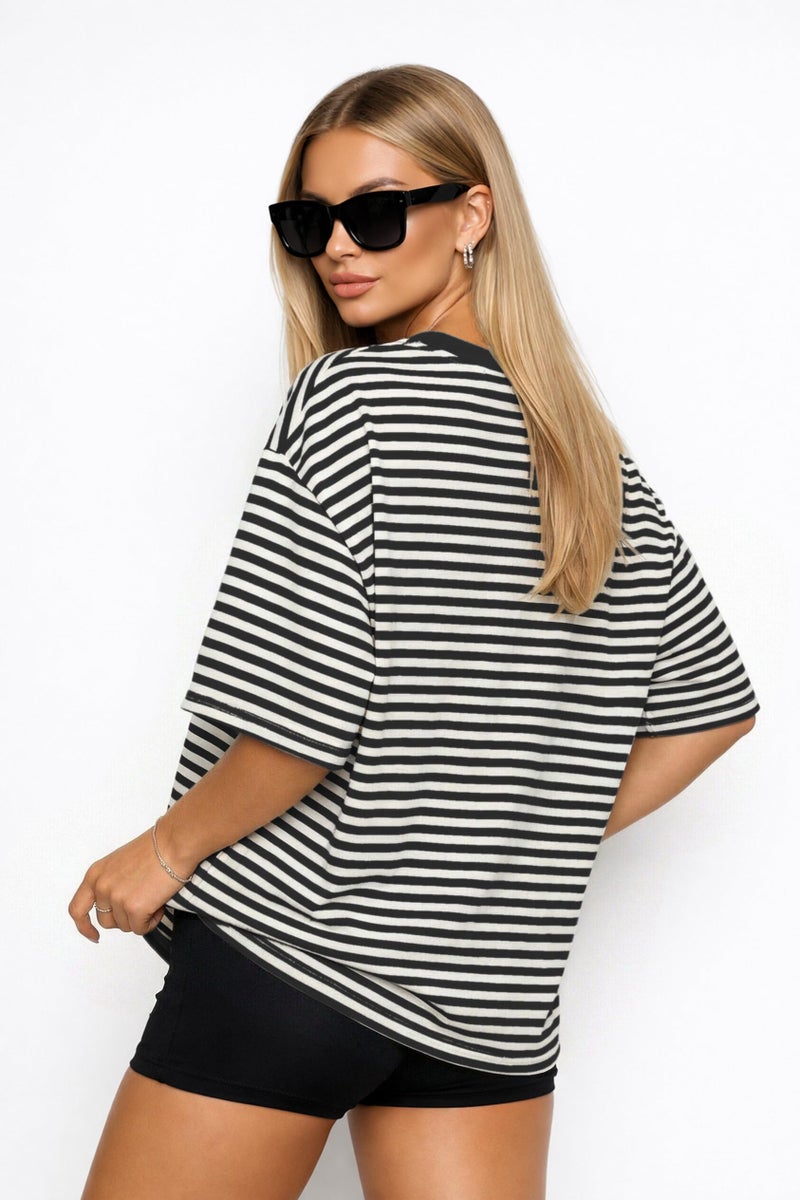 CHYRII Womens Oversized Striped T Shirts Short Sleeve Crewneck Casual Loose Fit Summer Outfits Y2K Tops (Black L) - Image 4