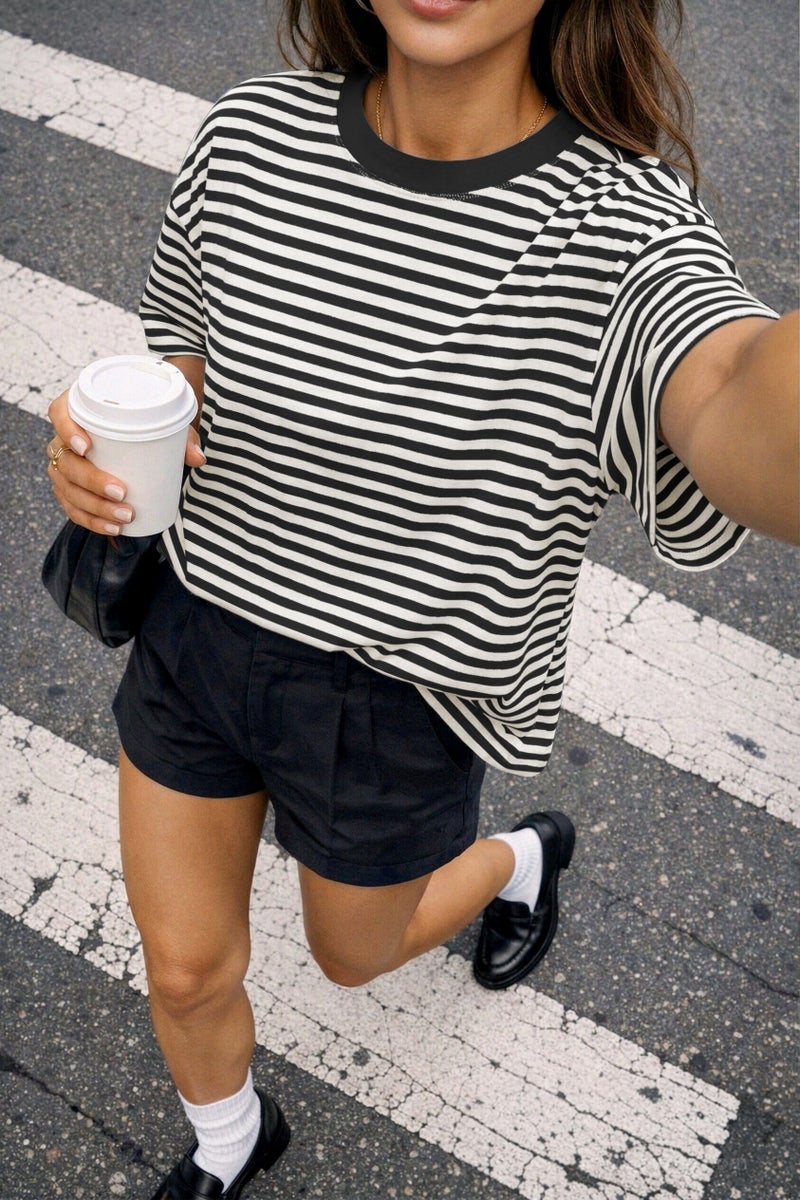 CHYRII Womens Oversized Striped T Shirts Short Sleeve Crewneck Casual Loose Fit Summer Outfits Y2K Tops (Black L) - Image 3