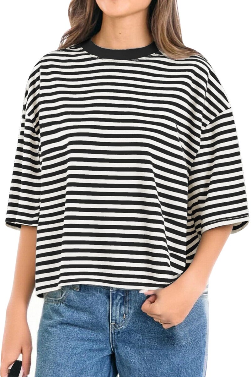 CHYRII Womens Oversized Striped T Shirts Short Sleeve Crewneck Casual Loose Fit Summer Outfits Y2K Tops (Black L) - Image 2