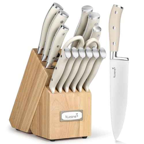 Kuisine Premium Sharp Knife Set,High Carbon Stainless Steel Ergonomic Handle,Knife Block Set with Built-in Sharpener(15PCS,Ivory) - Image 1