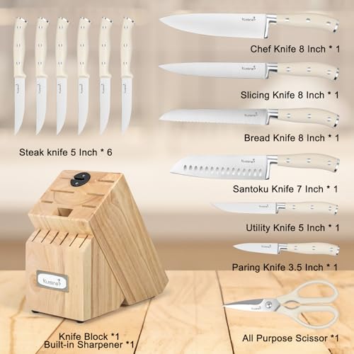 Kuisine Premium Sharp Knife Set,High Carbon Stainless Steel Ergonomic Handle,Knife Block Set with Built-in Sharpener(15PCS,Ivory) - Image 2