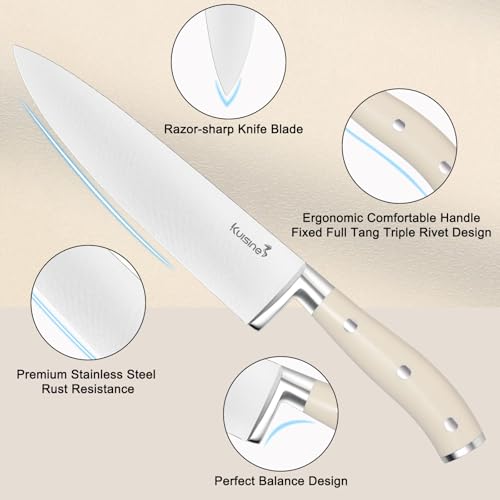 Kuisine Premium Sharp Knife Set,High Carbon Stainless Steel Ergonomic Handle,Knife Block Set with Built-in Sharpener(15PCS,Ivory) - Image 4