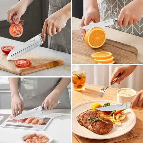 Kuisine Premium Sharp Knife Set,High Carbon Stainless Steel Ergonomic Handle,Knife Block Set with Built-in Sharpener(15PCS,Ivory) - Image 5