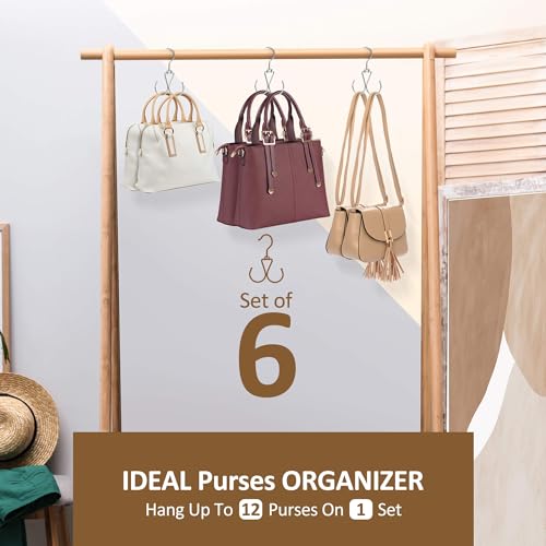 ZEDODIER 6 Pack Purse Hanger Bag Organizer for Closet Heavy Duty Rotatable Purse Holder with 12 Storage Capacity Bag Storage Rack for Purses Bags Backpacks Silver - Image 3
