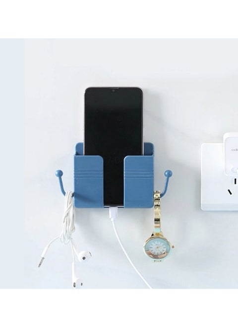 Wall Mount Phone Holder Phone Stand With Data Cable And Hooks Receiving Hole Multi Purpose Phone Charging Dock With Adhesive Phone Holder For Shower Compatible With iPhone And Android Blue