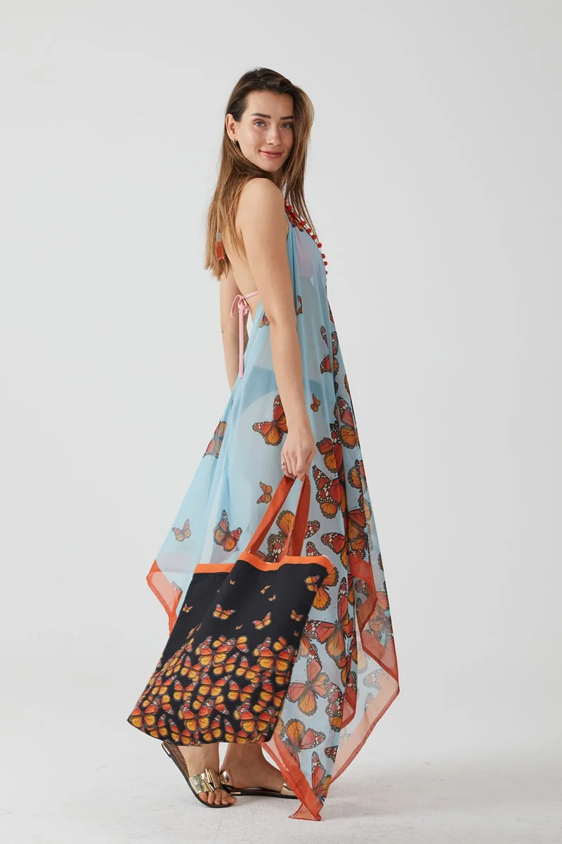 Ays Home Fashion Butterfly Pattern Long Blue Beach Dress