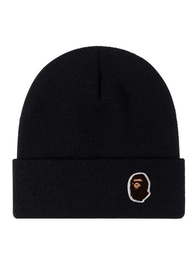 Solid Black Knit Beanie with Embroidered Ape Head Logo