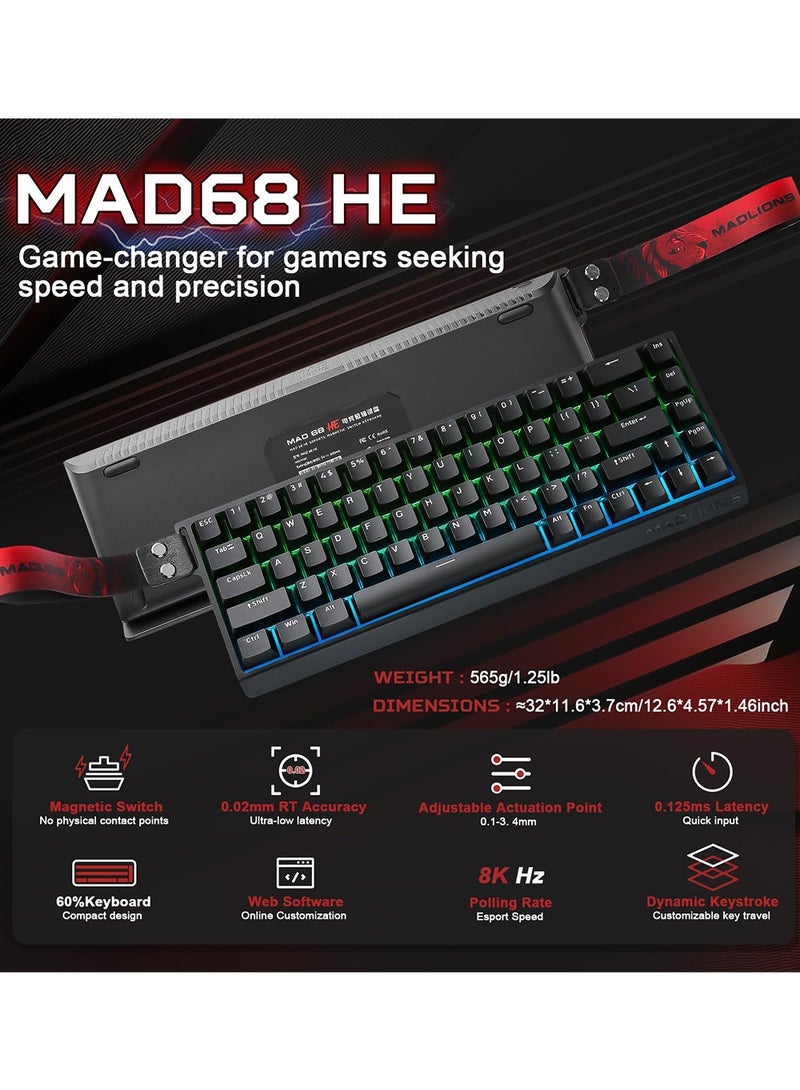 MADLIONS MAD 68 HE Mechanical Keyboard, 65% Gaming Keyboard, Magnetic Hall Effect Keyboard - Adjustable Actuation & Rapid Trigger, 8000Hz Polling, PBT Side-Print Keycaps, 16 Million Colors RGB Hot-Swap (Black, Magnetic Amber Pro Switch) - Image 2