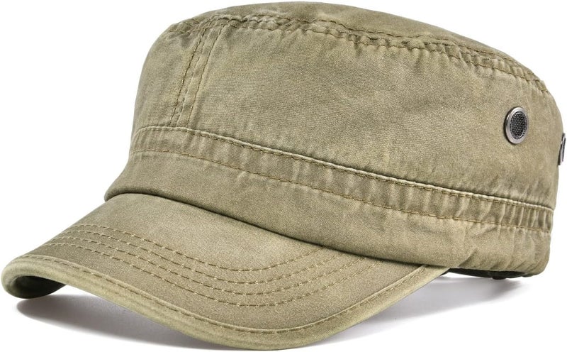 VOBOOM Washed Cotton Military Cadet Army Caps Unique Design Vintage Flat Top Hat - Image 1