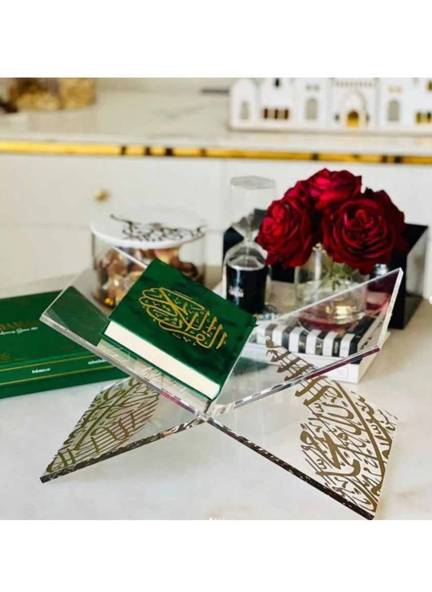 HILALFUL Acrylic Glass Holy Quran Stand | Transparent Rehal Stand with Arabic Golden Calligraphy | Modern Quran Holder | Elegant Design | Islamic Gift for Ramadan, Eid, Birthdays 