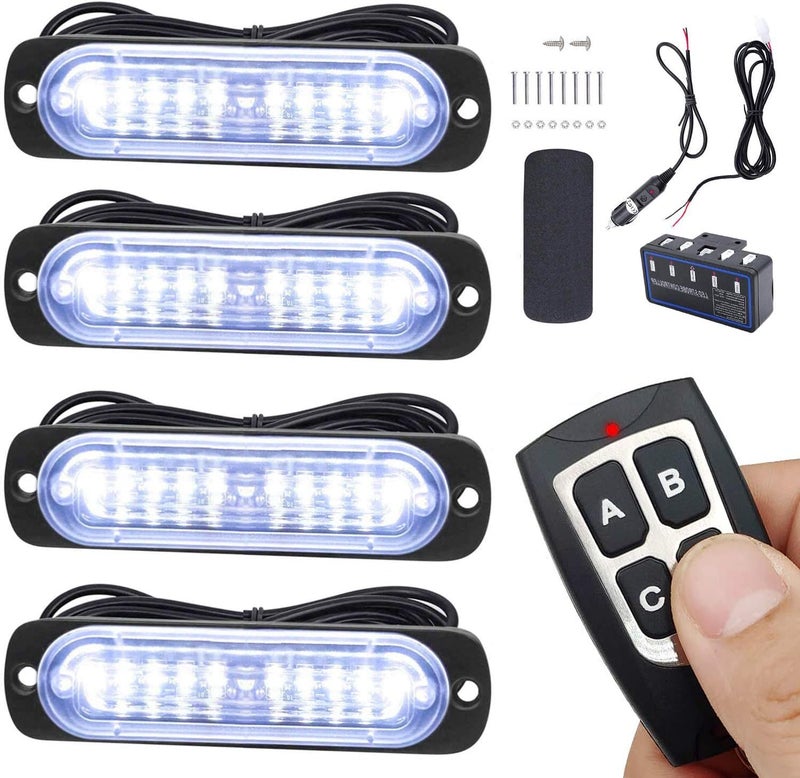 EASE2U E Led Warning Lights, 4pcs Emergency Warning Caution Hazard Construction Ultra Slim Sync Feature Car Truck with Main Control Box Surface Mount (White) - Image 1