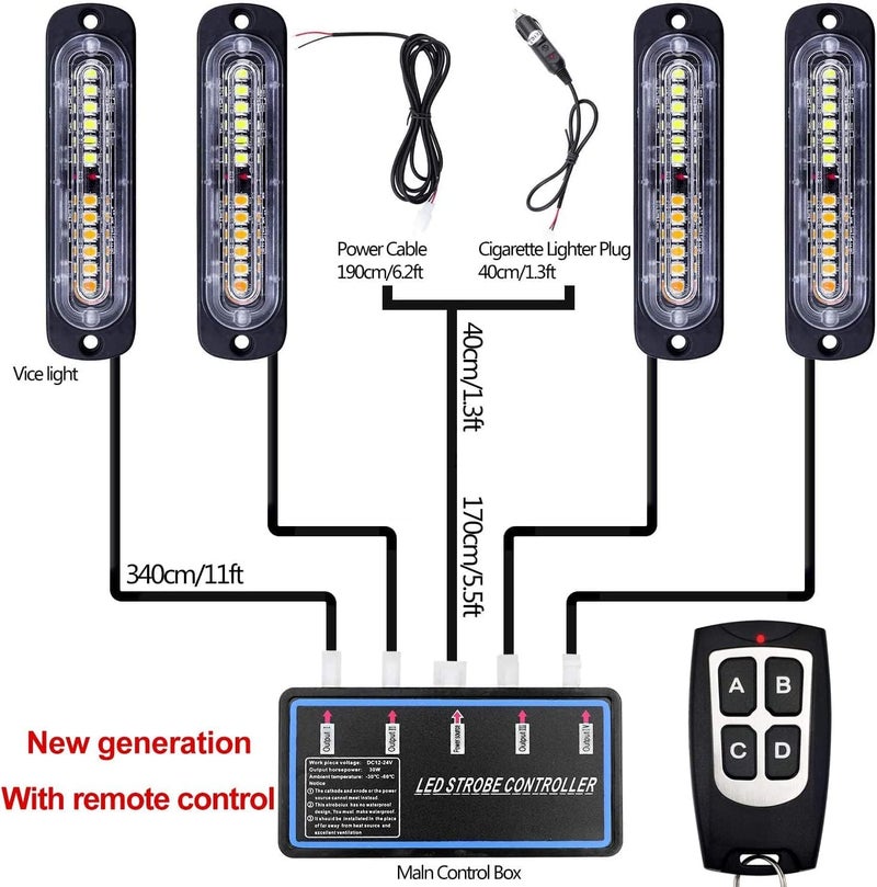 EASE2U E Led Warning Lights, 4pcs Emergency Warning Caution Hazard Construction Ultra Slim Sync Feature Car Truck with Main Control Box Surface Mount (White) - Image 2