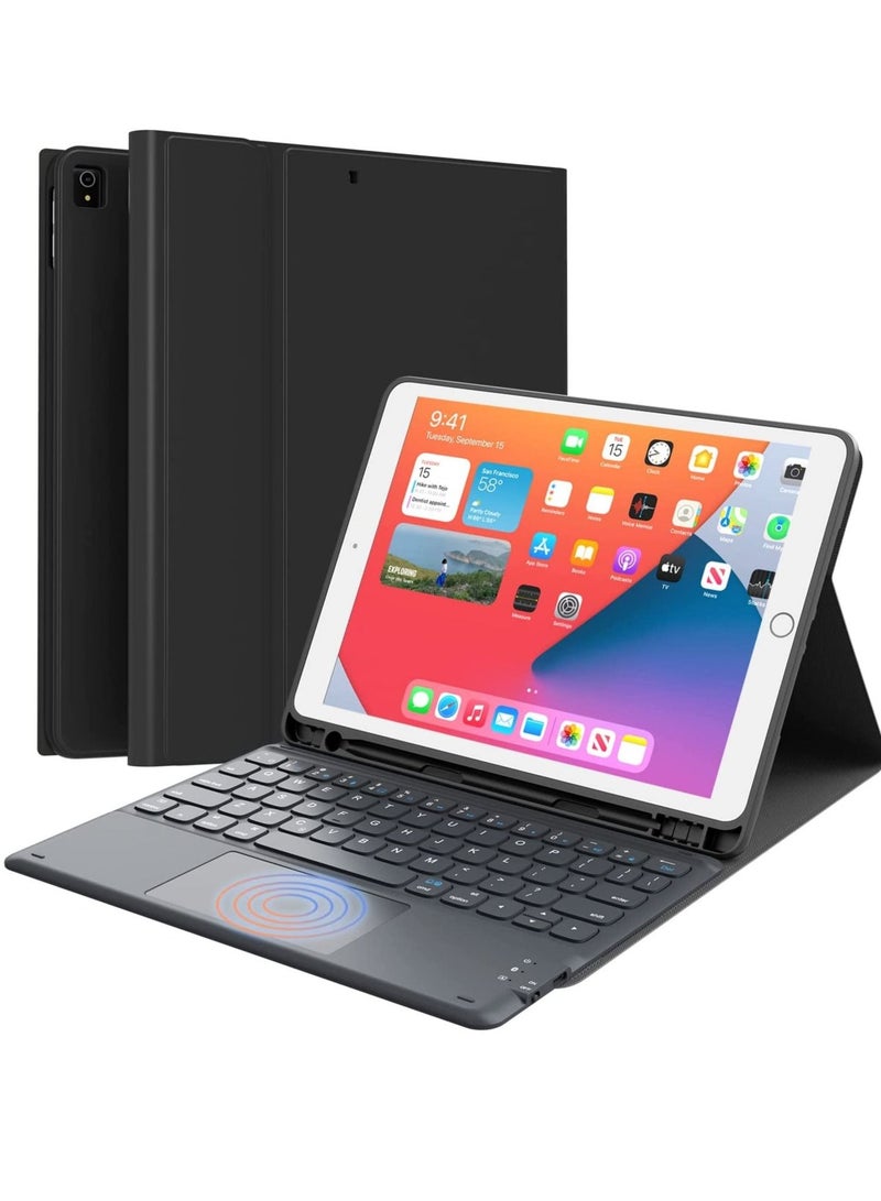 لوحة مفاتيح iPad الجيل التاسع، لوحة مفاتيح لجهاز iPad الجيل الثامن/الجيل السابع مقاس 10.2 بوصة، لوحة تتبع ذكية، لاسلكية قابلة للفصل مع حامل قلم، حافظة لوحة مفاتيح بحامل قابل للطي لجهاز iPad الجيل التاسع/الثامن/السابع مقاس 10.2 بوصة، أسود - Image 1