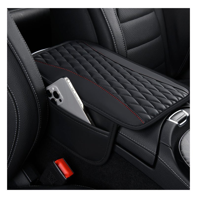 IHOTDER Patchwork Leather Center Console Covers for Cars,Upgraded Arm Rest Cover for Car with Side Storage Pocket for Car Seat Organizer,Middle Console Cover Stylish Car Decoration (Black) - Image 1
