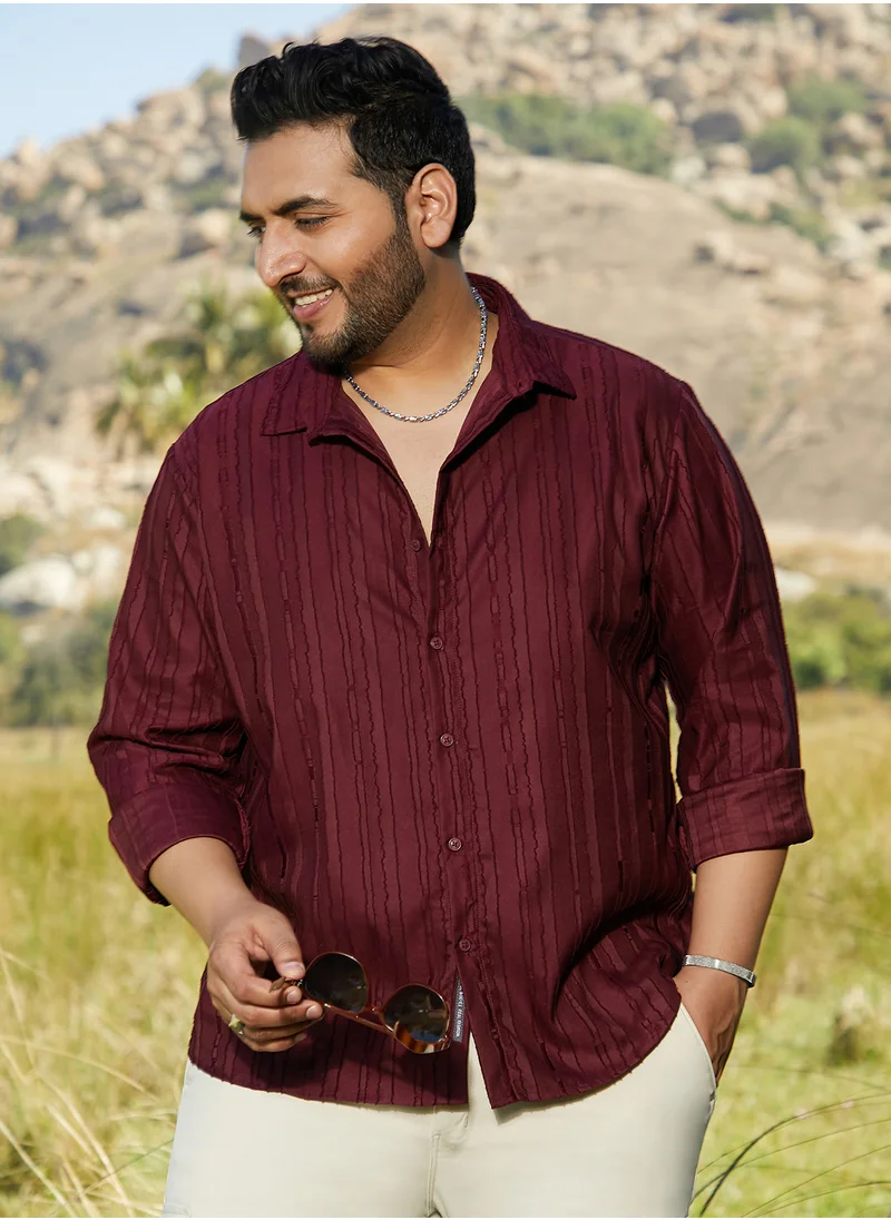انستافاب بلس Instafab Plus Men's Wine Red Ripple-Edge Shirt For Casual Wear | Spread Collar | Long Cuffed Sleeves | Button Closure | Plus Size Shirt Crafted With Comfort Fit For Everyday Wear
