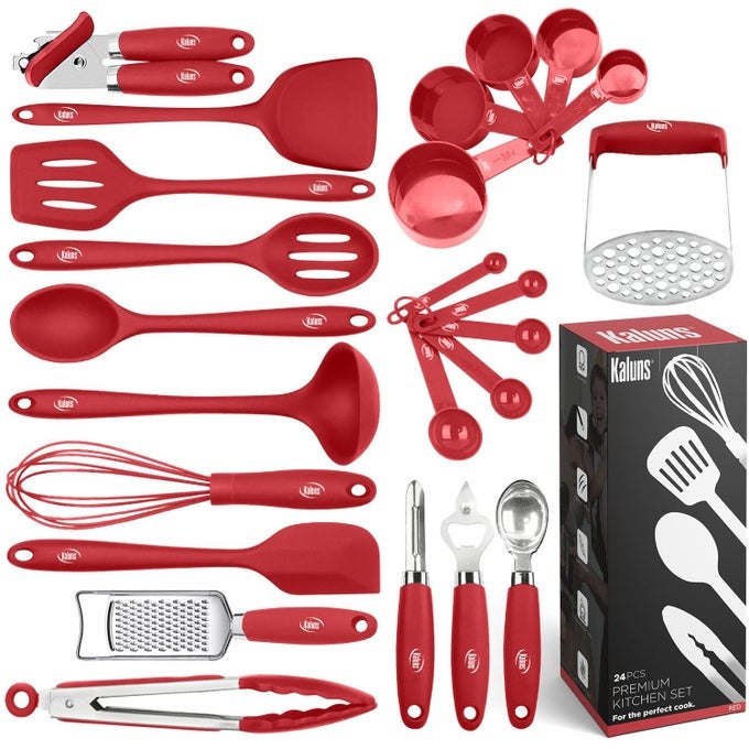 SILICONE KITCHEN UTENSILS SET 24 PCS SILICONE COOKING UTENSILS SET CAN OPENER MASHER TURNER SPATULA 446F HEAT RESISTANT NONSTICK PREMIUM SILICONE AND STAINLESS STEEL UTENSIL SET