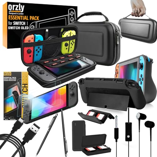 Orzly Switch Accessories Bundle - Orzly Essentials Pack for Nintendo switch OLED Case & Screen Protector , Grip Case, Games Holder, Headphones - Classic Black Edition - Image 1