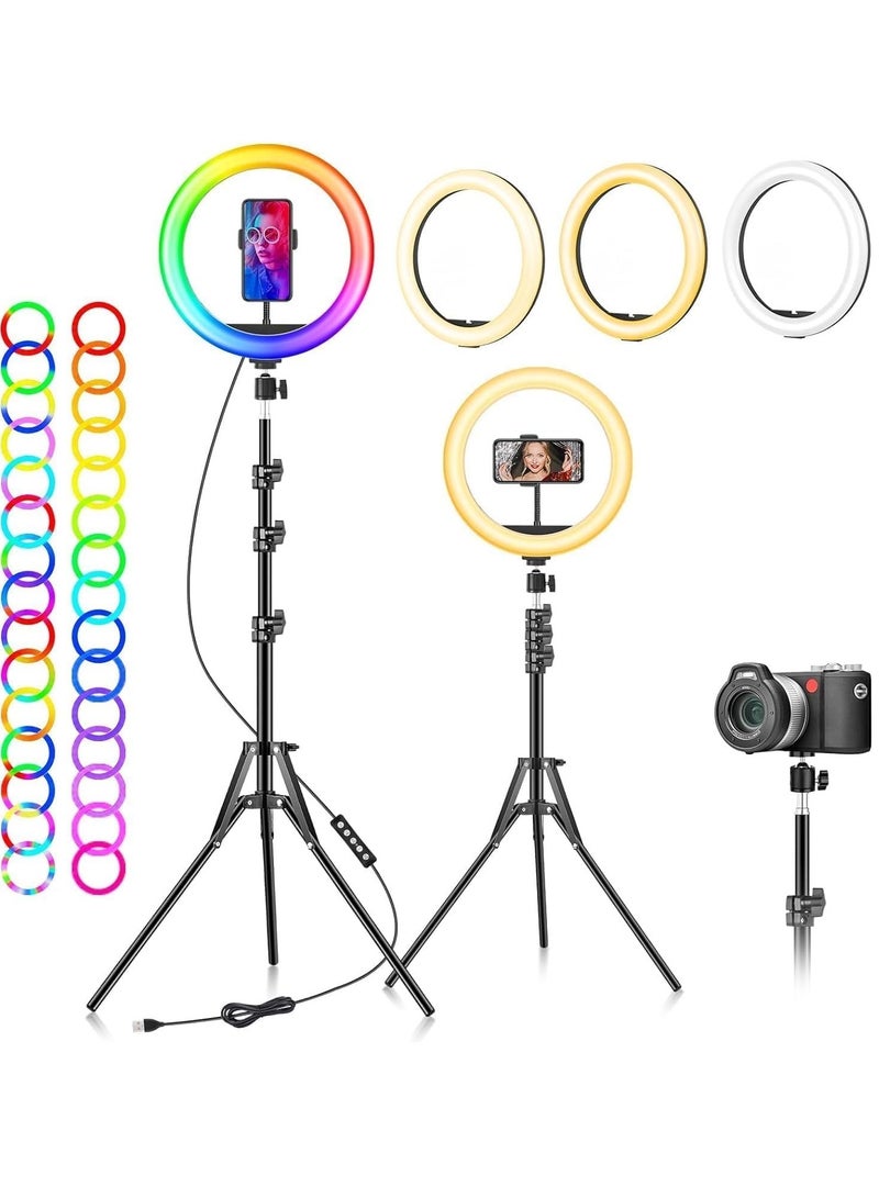 MIGOFAST Ring Light with Tripod Stand & Phone Holder |13 inch Selfie LED Ringlight Dimmable Desktop Lamp 40 Colors RGB Tall Circle Light for Camera Makeup Video YouTube TikTok Live Streaming MJ-33 - Image 1